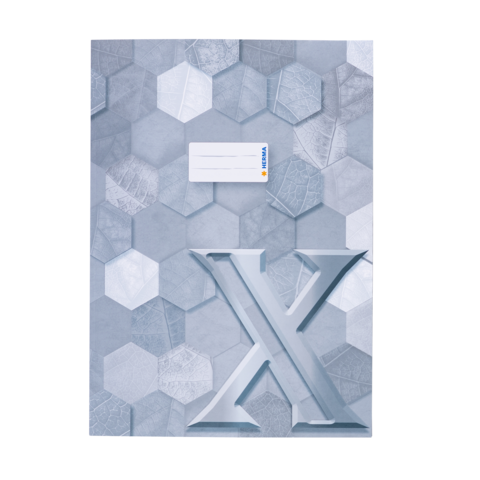 Graue Heftumschlag mit hexagonalen Mustern und einer großen, hervorgehobenen Zahl "X" in der Mitte. Ein Etikett für Beschriftungen ist vorhanden.