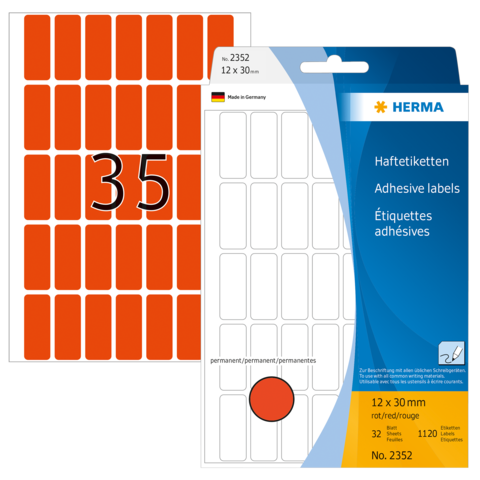 Rote Haftetiketten auf einem Bogen mit der Nummer 35, verpackt in einer transparenten Hülle. Enthält 32 Etiketten.