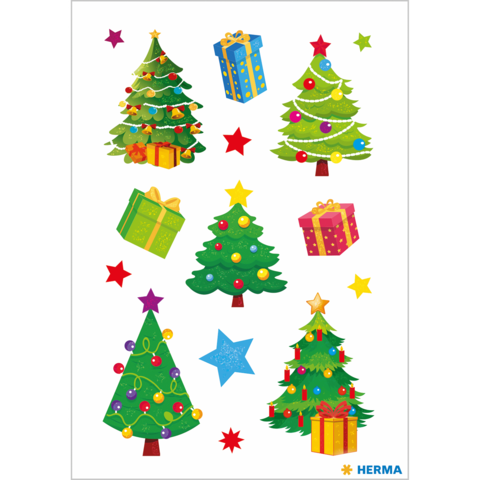 Weihnachtliche Aufkleber mit verschiedenen Tannenbäumen, Geschenken und Sternen in bunten Farben auf weißem Hintergrund.