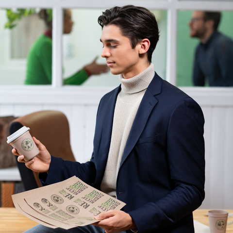Un jeune homme en blazer tient une tasse de café et un dossier avec des documents. En arrière-plan, on peut voir deux personnes en train de discuter.
