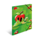 Bunte Mappe mit cartoonhaften Raupen und einem roten Apfel, umgeben von grüner Landschaft.