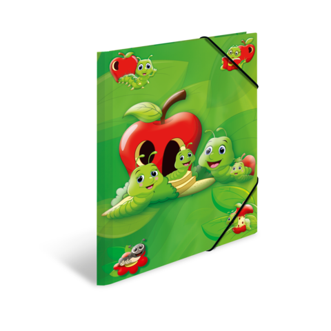 Bunte Mappe mit cartoonhaften Raupen und einem roten Apfel, umgeben von grüner Landschaft.
