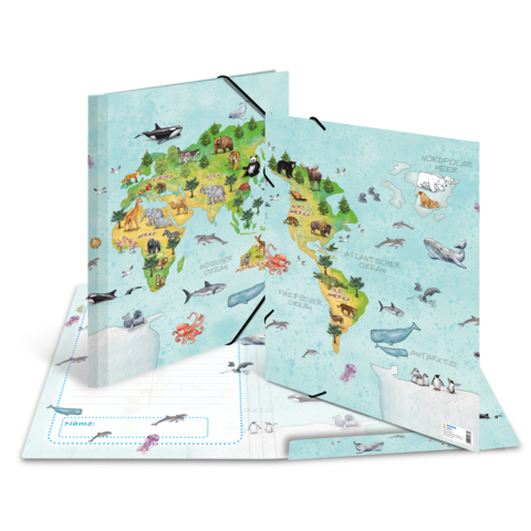 Ein aufgeschlagenes Notizbuch mit einer bunten Weltkarte, die Tiere und Meereslebewesen zeigt, sowie Illustrationen von verschiedenen Tierarten.