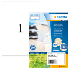 Etiketten aus Recyclingpapier in einer Verpackung, mit Informationen zu Software und Anwendung. Enthält 80 Etiketten.