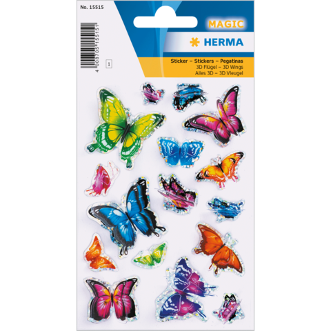 Bunte 3D-Schmetterlingsaufkleber in verschiedenen Farben und Designs auf einem Bogen. Ideal für Bastelprojekte und Dekoration.