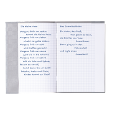 Zwei Seiten eines Notizbuchs mit handgeschriebenen Texten über eine kleine Hexe und einen Gummiball.