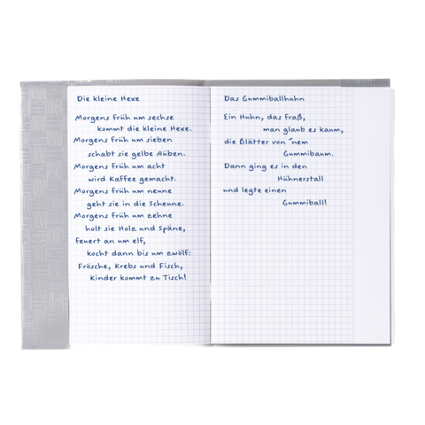 Zwei Seiten eines Notizbuchs mit handgeschriebenen Texten über eine kleine Hexe und einen Gummiball.