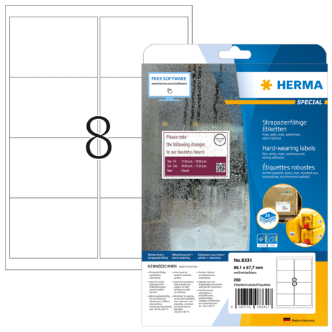 Etikettenbogen mit sechs Etiketten pro Seite, verpackt in einer transparenten Hülle. Hersteller: HERMA, Artikelnummer 8331.