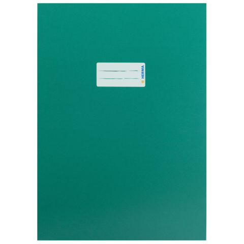 Grünes Heft mit einem weißen Aufkleber in der oberen linken Ecke, auf dem das Wort "HEINA" steht.