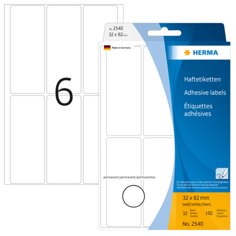 Haftetiketten von Herma, 32 x 82 mm, 32 Stück, permanent, mit einer nummerierten Vorlage "6" auf der Vorderseite.