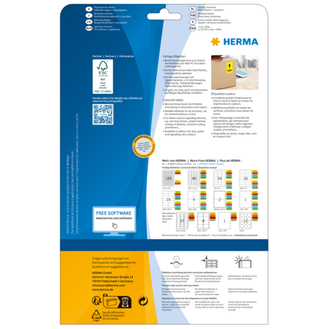 Verpackung von HERMA mit Informationen zu Etiketten, Software und Anwendungshinweisen. Enthält eine Übersicht von Etikettenmustern und QR-Code.
