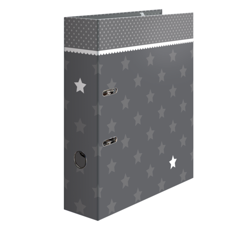 Grauer Ordner mit Sternenmotiv und dekorativem Rand, geeignet für die Aufbewahrung von Dokumenten.