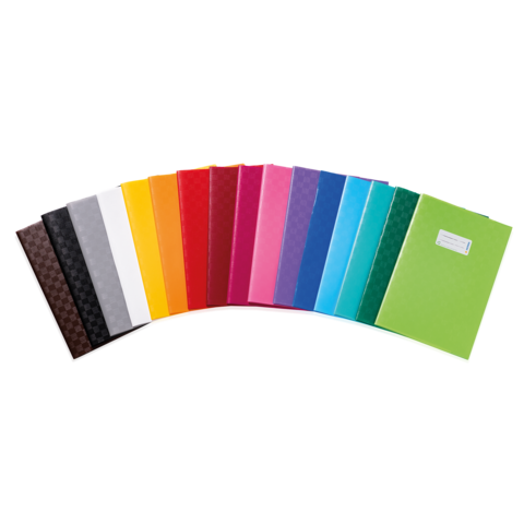 Bunte Ordner in verschiedenen Farben, angeordnet in einer Reihe, einschließlich Schwarz, Weiß, Gelb, Rot, Pink, Blau und Grün.