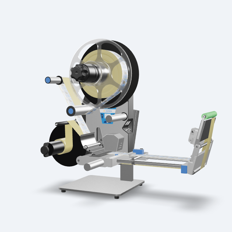Une machine à étiqueter avec des rouleaux qui applique des étiquettes sur une surface. Elle est composée d'un cadre robuste et de plusieurs rouleaux.