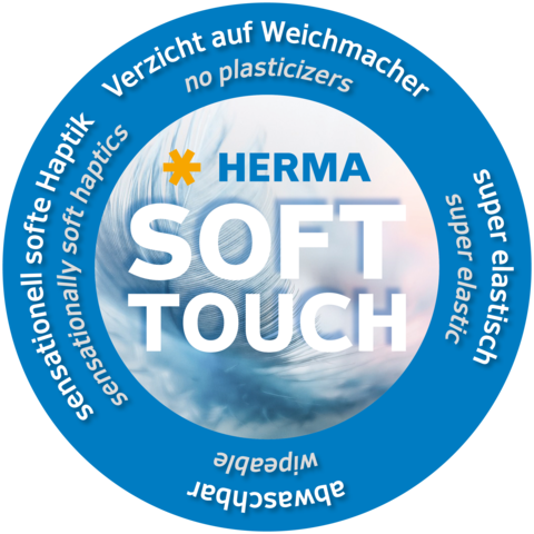 Rundes Logo von HERMA mit dem Text "SOFT TOUCH", der auf weiche Haptik, Elastizität und das Fehlen von Weichmachern hinweist.