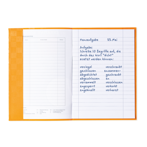 Hausaufgabe vom 23. Mai mit der Aufgabe, Begriffe aufzulisten, die durch das Wort "dicht" gebildet werden können.