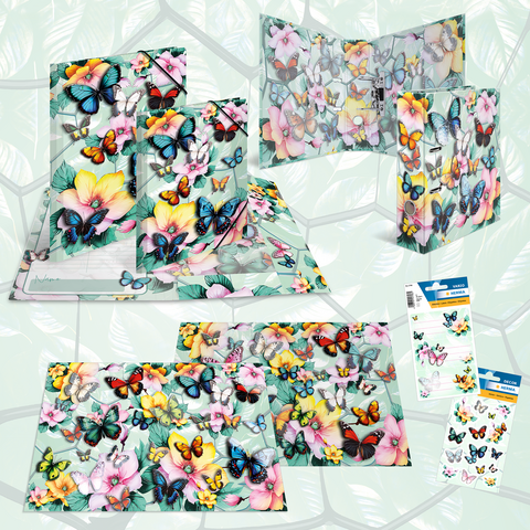 Des papillons colorés et des fleurs sur différentes cartes et un présentoir, entourés d'un fond lumineux et à motifs.