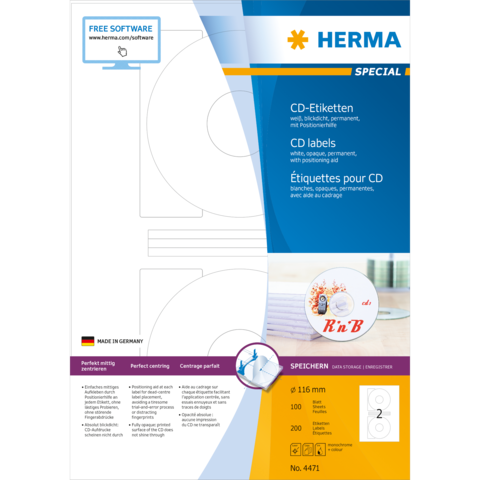 CD-Etiketten von Herma, selbstklebend und permanent, mit Positionierungshilfe. Enthält 100 Etiketten für CDs.