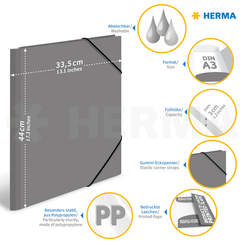 Chemise A3 grise avec coins élastiques, lavable, en polypropylène, robuste et avec des rabats imprimés. Dimensions : 44 cm x 33,5 cm.
