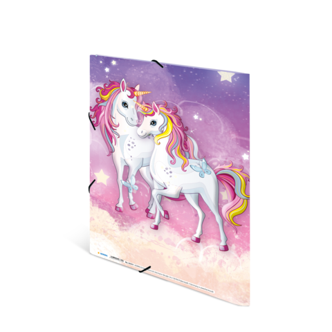 Zwei Einhörner mit bunten Mähnen stehen vor einem lila-himmelartigen Hintergrund mit Sternen und Glitzer.