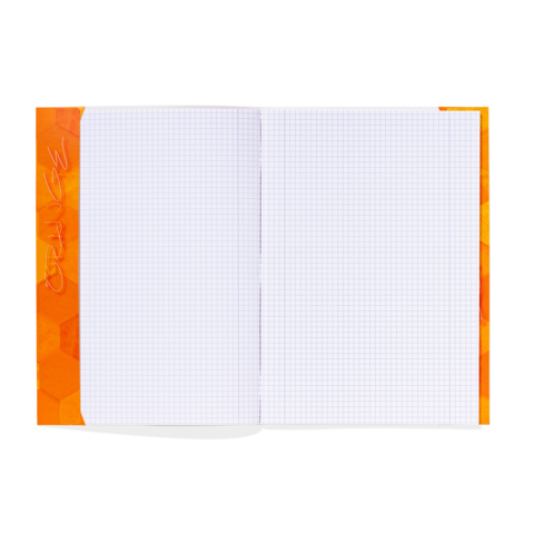 Ein offenes kariertes Notizbuch mit orangefarbenem Einband und dem Wort "CHANGE" auf der linken Seite.