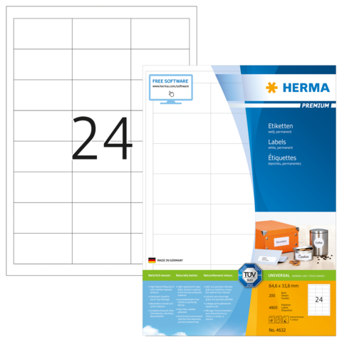 Ein Blatt mit 24 leeren Etiketten, das für Beschriftungen verwendet werden kann, zusammen mit einer Verpackung von Herma Etiketten.