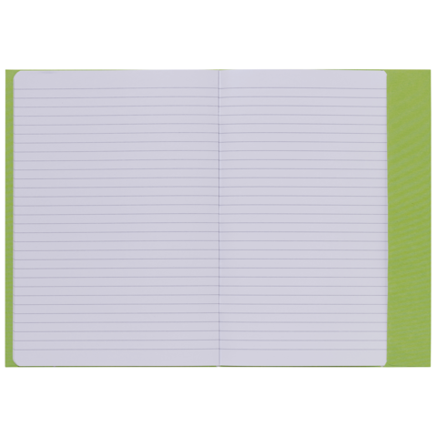 Ein offenes Notizbuch mit liniertem Papier und einem grünen Umschlag. Die Seiten sind leer und bereit zum Beschreiben.