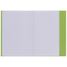 Ein offenes Notizbuch mit liniertem Papier und einem grünen Umschlag. Die Seiten sind leer und bereit zum Beschreiben.