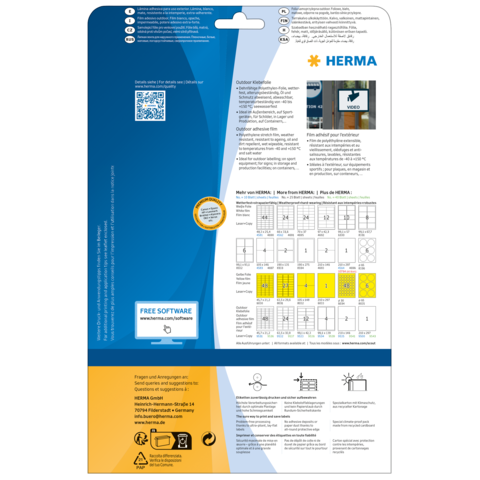 Rückseite einer Verpackung mit Anweisungen, QR-Code, Software-Hinweis und verschiedenen Etikettenmustern von HERMA.