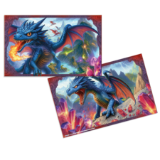 Un dragon bleu avec des ailes rouges crache du feu et se tient devant un paysage fantastique avec des cristaux et des montagnes.