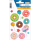 Bunte Aufkleber mit Donuts, Lollis und Sternen in verschiedenen Farben und Designs. Ideal für Bastelprojekte und Dekoration.