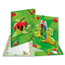 Bunte Ordner mit fröhlichen Raupenfiguren, die Stifte halten, umgeben von Äpfeln und Blättern. Ideal für Kinder.