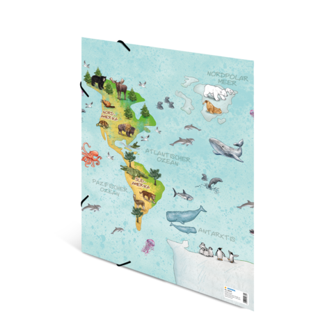 Karte der Ozeane mit Illustrationen von Tieren, einschließlich Walen und Pinguinen, sowie geografischen Bezeichnungen für Nord- und Südamerika.