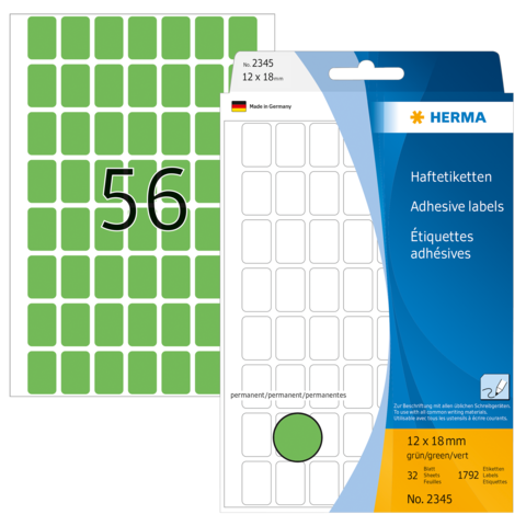 Grüne Haftetiketten auf einem Bogen mit der Nummer 56. Verpackung zeigt Details zu Größe und Anzahl der Etiketten.