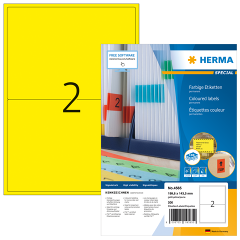 Gelbe Etiketten mit der Aufschrift "2" und Informationen zu den Produkten von Herma, einschließlich Abmessungen und Softwarehinweis.