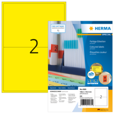 Gelbe Etiketten mit der Aufschrift "2" und Informationen zu den Produkten von Herma, einschließlich Abmessungen und Softwarehinweis.
