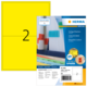 Gelbe Etiketten mit der Aufschrift "2" und Informationen zu den Produkten von Herma, einschließlich Abmessungen und Softwarehinweis.