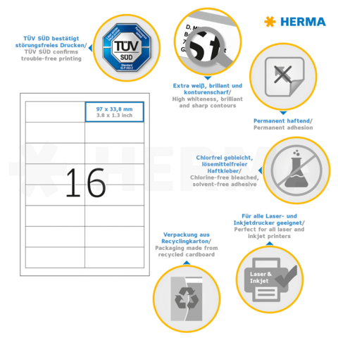 TÜV SÜD bestätigt störungsfreies Drucken. Enthält Informationen zu Etiketten mit permanentem Halt, Recyclingverpackung und Eignung für Laser- und Inkjetdrucker.