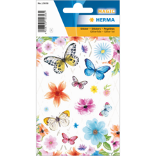 Bunte Aufkleber mit Schmetterlingen und Blumen in verschiedenen Farben auf einem weißen Hintergrund.