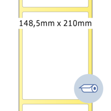 Formatbeschreibung für Papier: 148,5 mm x 210 mm, mit einem Symbol für einen Drucker.