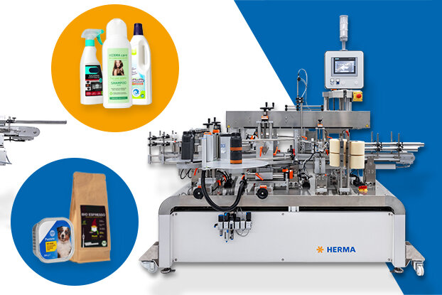 Différentes machines pour l'étiquetage et l'emballage de liquides, entourées d'images de produits dans des cercles.