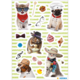 Des chats et des chiens dans différentes tenues amusantes et accessoires, y compris des lunettes de soleil, des chapeaux et des écharpes, sur un fond rayé.