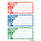 Drei Etiketten in verschiedenen Farben (rot, blau, grün) mit dekorativen Mustern und Platz für handschriftliche Notizen.