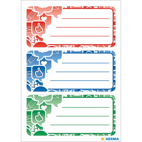 Drei Etiketten in verschiedenen Farben (rot, blau, grün) mit dekorativen Mustern und Platz für handschriftliche Notizen.