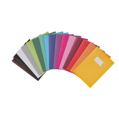 Bunte Papierblätter in verschiedenen Farben, angeordnet in einem Fächer. Enthält Farben wie Gelb, Pink, Blau und Grün.