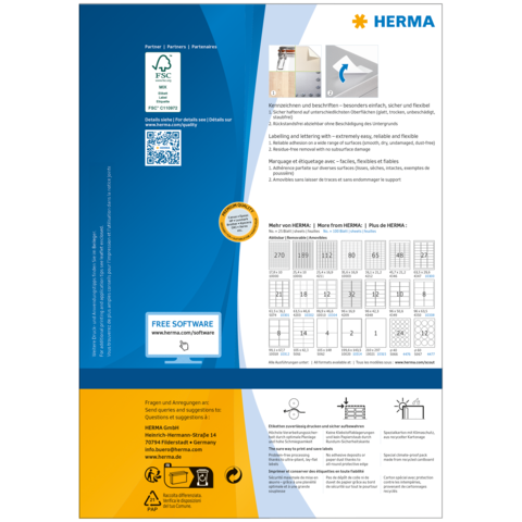 Hintergrundinformationen zu HERMA-Produkten, einschließlich Softwareangeboten und Anwendungsbeispielen für Etiketten und Beschriftungen.