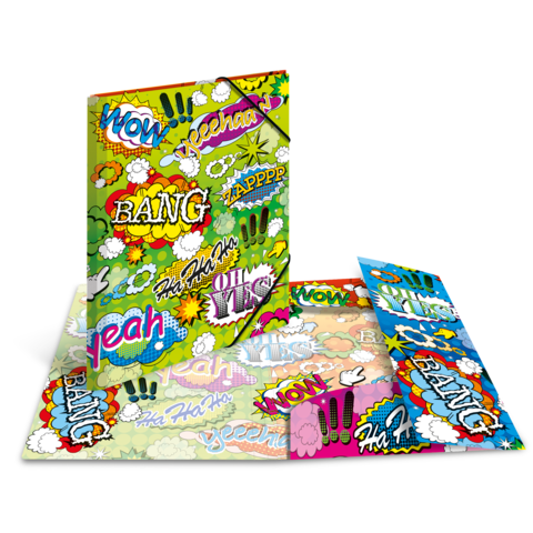 Bunt gestalteter Ordner mit Comic-ähnlichen Ausdrücken wie "WOW", "BANG" und "YEAH", geöffnet und auf einem Tisch liegend.