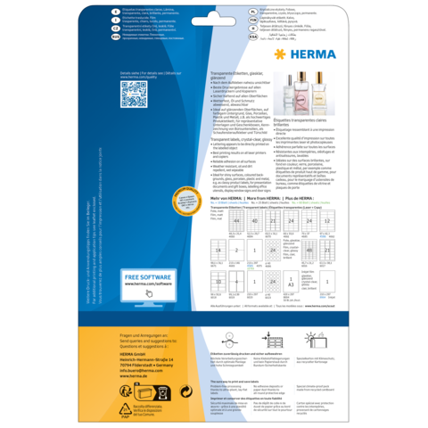 Rückseite einer Verpackung mit Informationen zu HERMA Produkten, einschließlich QR-Code und Hinweis auf kostenlose Software.