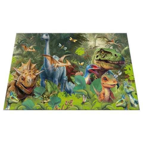 Eine Gruppe von Dinosauriern in einer üppigen, grünen Umgebung, darunter ein T-Rex, ein Brachiosaurus und verschiedene kleinere Arten.