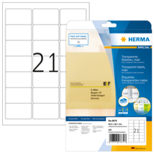 Transparente Etiketten von Herma, Packung mit 21 Etiketten, inklusive Softwarehinweis. Maße: 63,5 x 38,1 mm.
